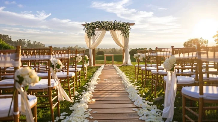 Wedding ceremony chairs at sunset golden hour
